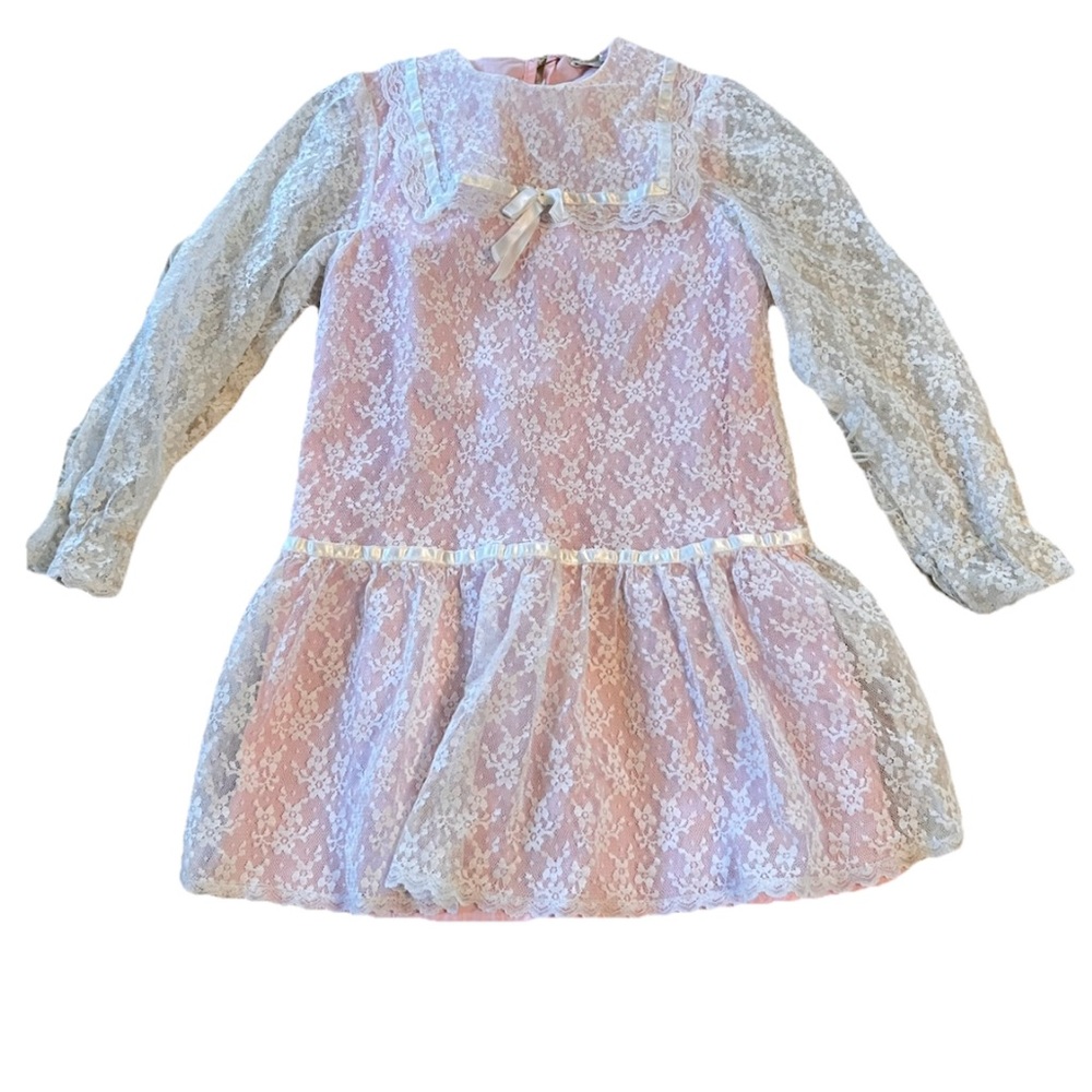 Vintage 80s Baby Girl Ruffle 5T Pink Lace Long Sleeve Pretty Dress Coquette